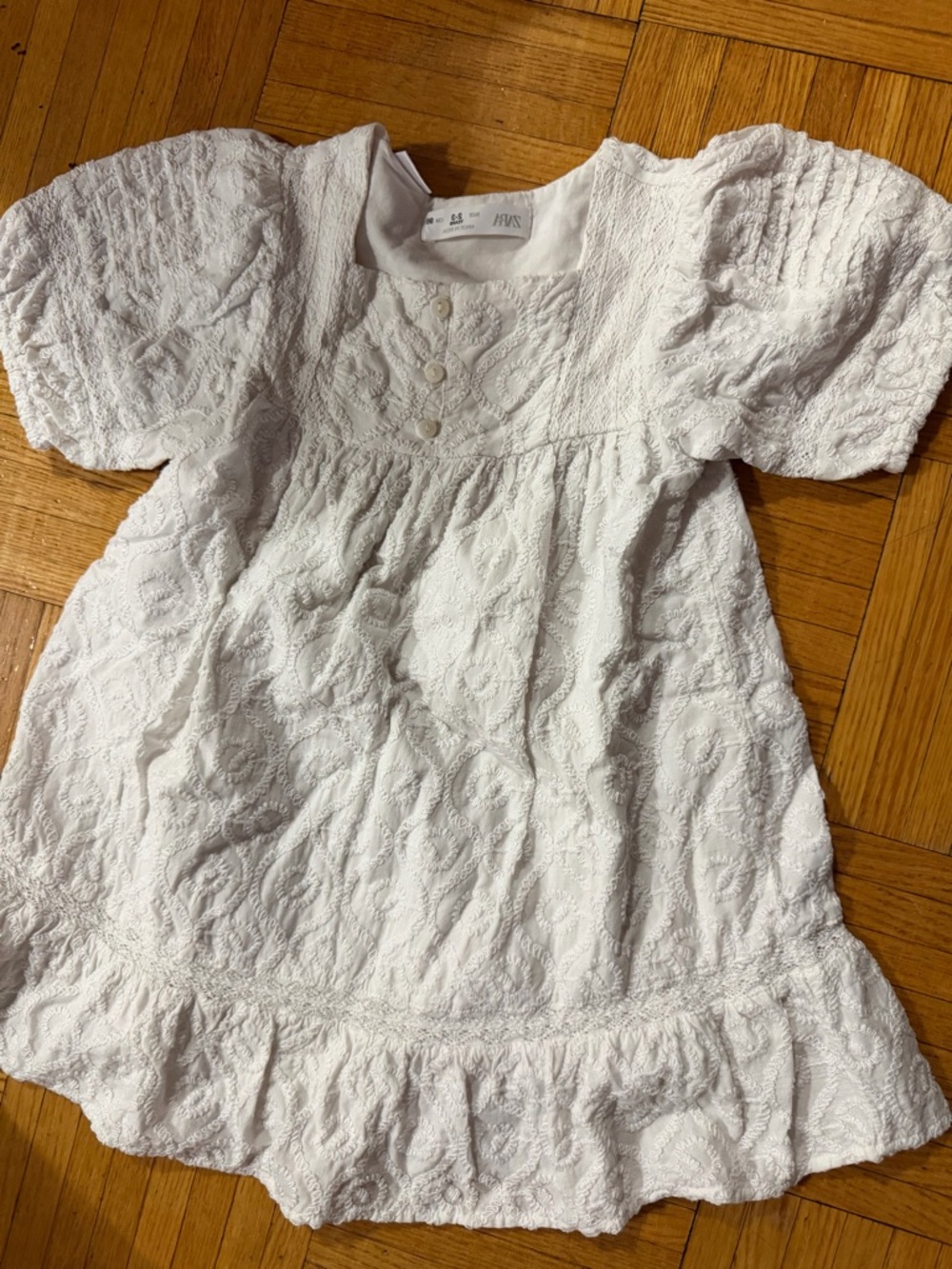 Zara White Textured Puff-Sleeve Dress for Kids